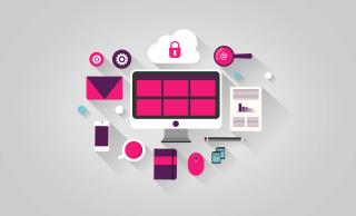 Divers icones sur un bureau représentant les objets connectés et la bureautique: un écran, une tablette, un smartphone, un carnet, un crayon, le cloud...