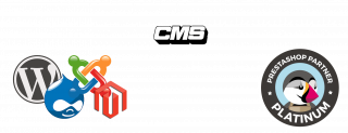 Logos des principaux CMS, Prestashop, Drupal, Wordpress, Joomla