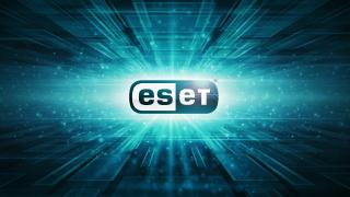 Logo ESET en premier plan sur une perspective en profondeur en 3D représentant le numérique en vert représenté par des rectangles de diverses formes et des points