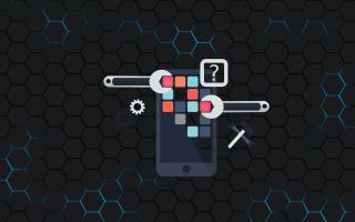 Dessin de smartphone avec des outils représentant le travail de la création de l&rsquo;interface graphique sur un fond d&rsquo;héxagones