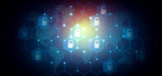 Carte mondiale numérique des intranet. Les pays sont en emprunte digitale avec des héxagones en premier plan et des cadenas à chaque point de connexion représentant un Intranet