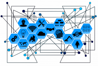 Représentation des liens entre les divers points de connection de l&rsquo;entreprise en termes de services et d&rsquo;acteurs représenté sous la forme d&rsquo;héxagones tous relliés les uns aux autres