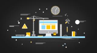 Représentation d'un chantier de construction sous la forme d'applicatifs Web: sur un bureau un écran avec autour grue, outils, signalisations de chantier...