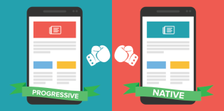 Deux téléphones avec chacun une application: à gauche la progressive et à droite la native, représentant la rivalité