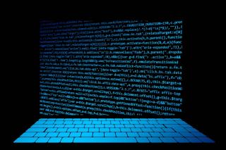 Ordinateur portable virtuel bleu avec écran noir et lignes de code JavaScript en bleu sur fond noir