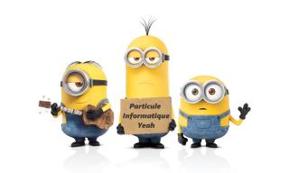 3 personnages les Minions. Celui de gauche joue de la guitare, celui de droite fait un signe de la main et celui du milieu tient une pancarte sur laquelle est écrit 