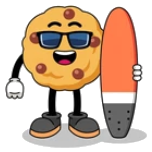 Un personnage cookie avec des lunettes de soleil tenant un surf de mer