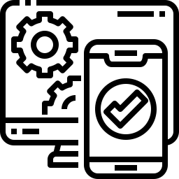 dessin noir et blanc d'un écran d'ordinateur avec des engrenages sur lequel est posé au premier plan un smartphone avec l'icone validé: illustre le dessin ou le graphisme