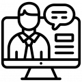 dessin noir et blanc d'un écran d'ordinateur sur lequel il y a un homme avec cravate qui parle avec à sa droite des lignes qui représente un chat: illustre la formation à distance