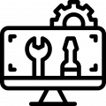 dessin noir et blanc . Au premier plan il y a un écran d'ordinateur sur lequel il y a des outils, 1 tourne vis et une clé de serrage, le tout ciblé au sein de l'écran. En arrière plan un engrenage dépasse de derrière l'écran: illustre la réparation, ce qui est fonctionnel
